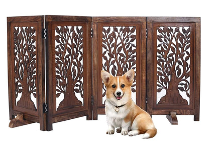 Woodify Dog Gate 4 Panel Free Standing Folding Pet Gate, 56x28 - Natural Burnt