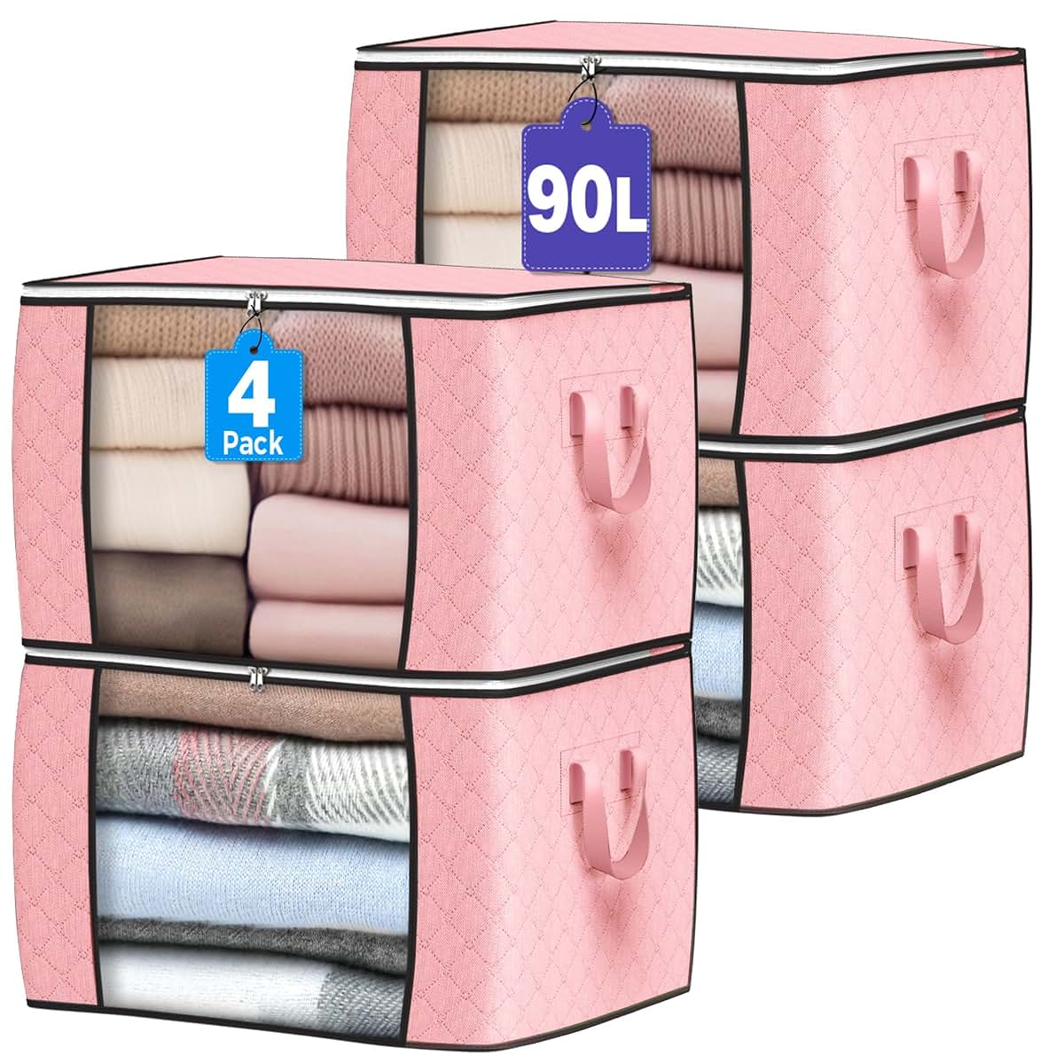 90L Large Storage Bags, 4 Pack Foldable Clothes Organizer Bins with Reinforced Handle