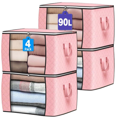 90L Large Storage Bags, 4 Pack Foldable Clothes Organizer Bins with Reinforced Handle