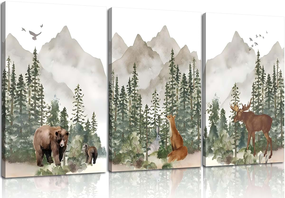 WSTUKVV 3Pcs Woodland Nursery Wall Art Framed Animal Canvas Prints