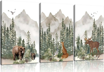 WSTUKVV 3Pcs Woodland Nursery Wall Art Framed Animal Canvas Prints