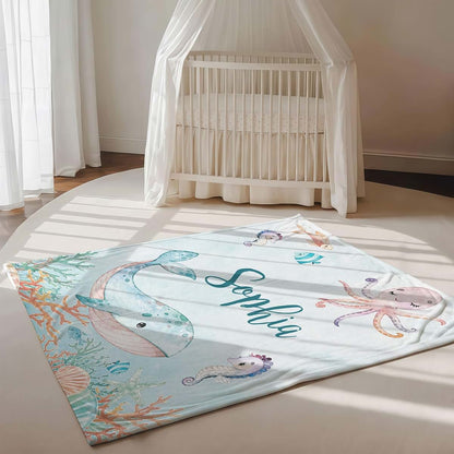 L&NG Personalized Baby Girl Fleece Blanket, Custom Name Ocean Animals Blanket, Cute Whale Octopus Seahorse Design Soft (photo 3)