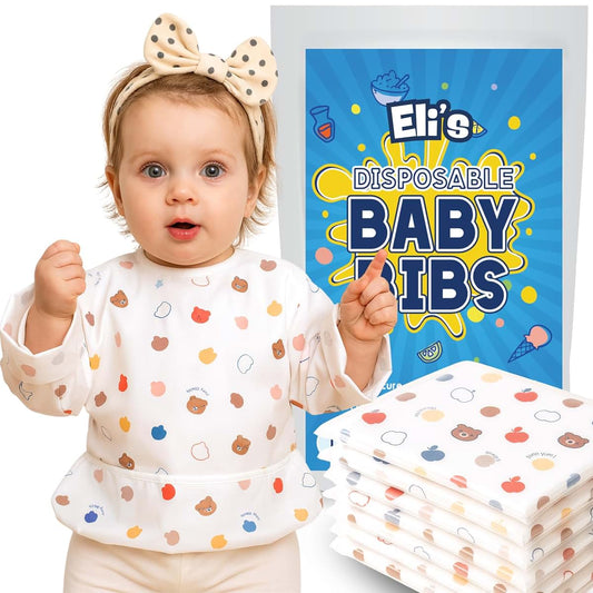 Waterproof Disposable Baby Bibs with Long Sleeves and Crumb Catcher