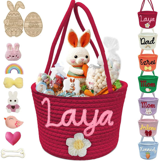 Hapelf Personalized Easter Basket for Boys Girls Custom Name Baskets with Handle Woven Rope Rabbit Eggs Bucket Gifts