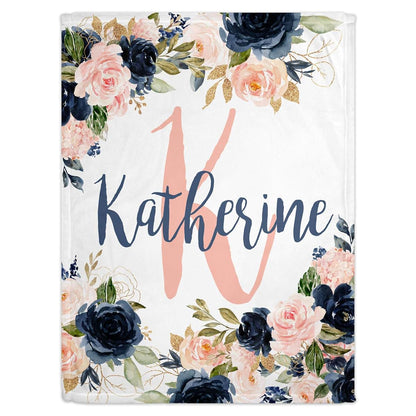 Girls Love A Monogram GLAM Polyester Personalized Baby Blanket - 30' X 40' - Navy and Blush Pink Themed - Custom Baby