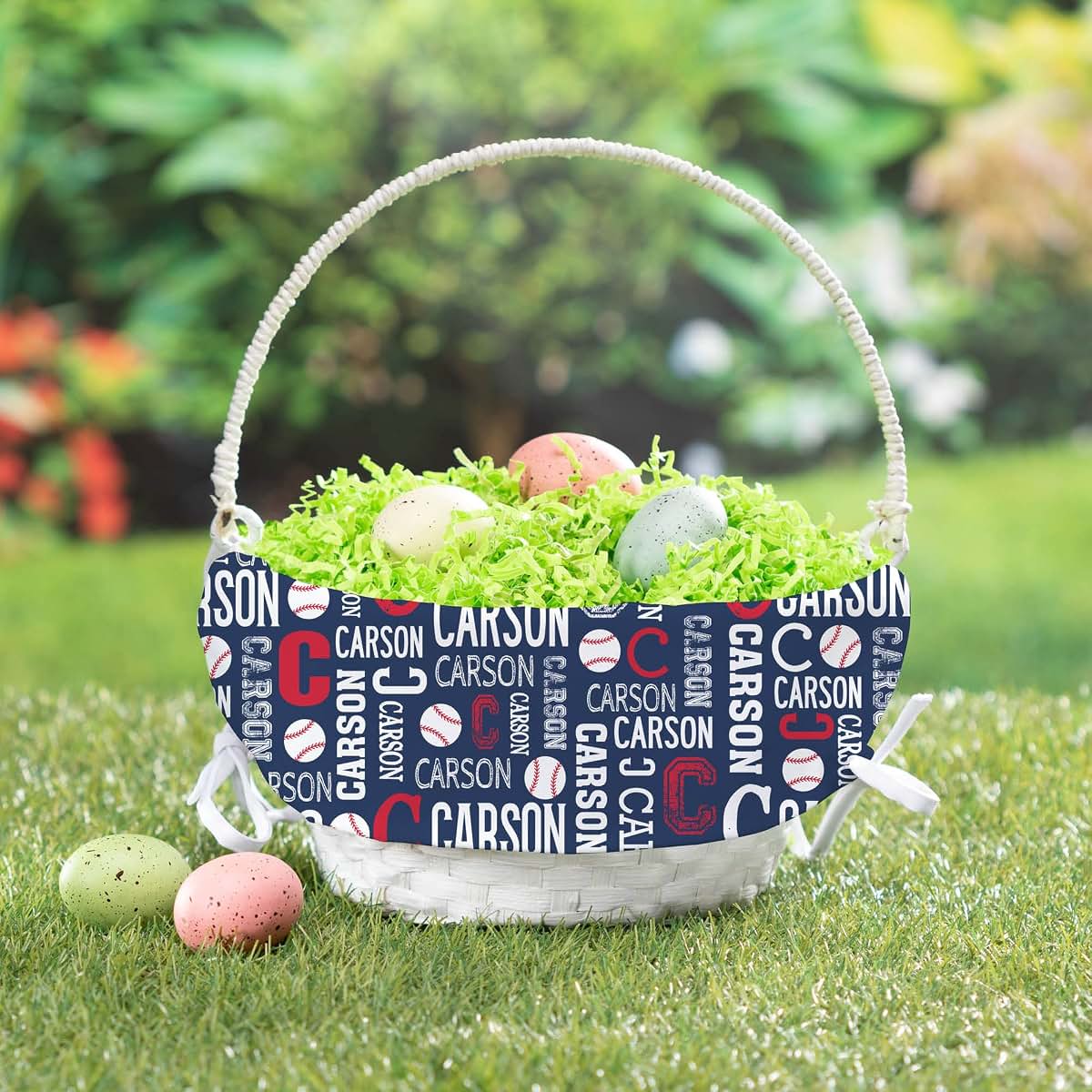 Personalized Planet Personalized Baseball Easter Egg Basket with Handle and Custom Name | Blue Easter Basket Liners