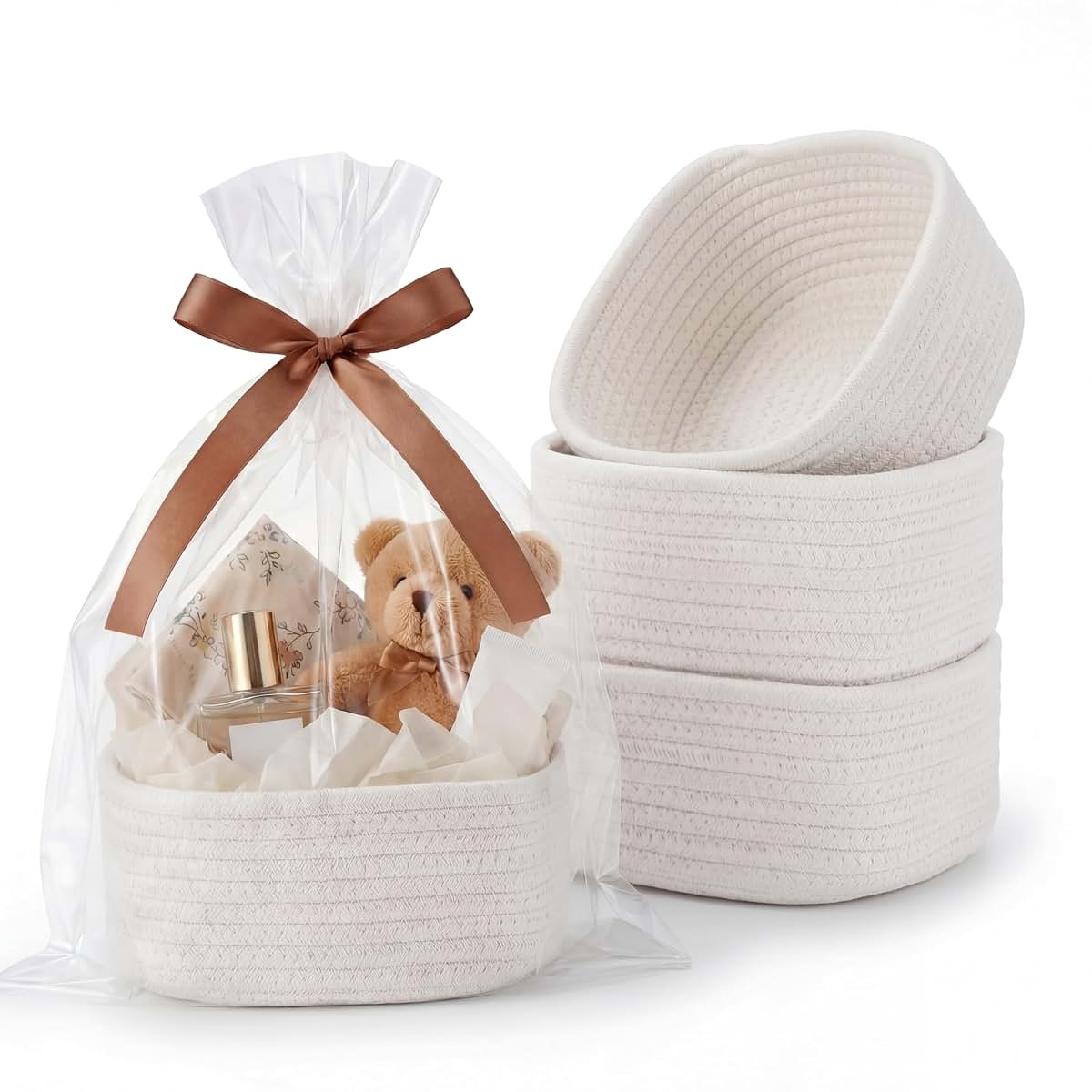 VIRETH HAUS 3 Pack Small Woven Baskets with Gift Bags, Ribbons, Wrap Papers
