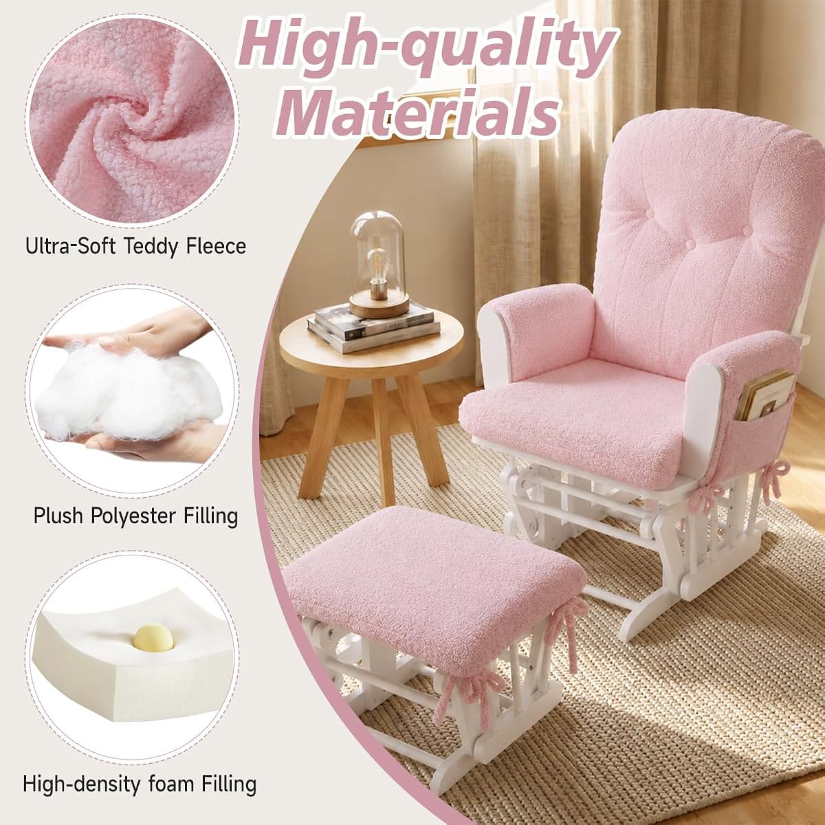 Boshen 5-Piece Glider Rocker Replacement Cushions With Ottoman Cover, Pink (photo 4)