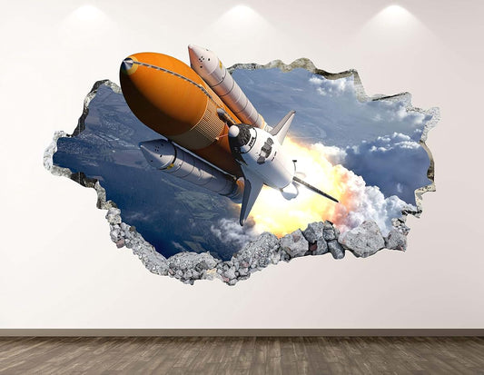 West Mountain Space Shuttle Wall Decal Art Decor 3D Smashed Spacecraft Sticker Poster Kids Room Mural Custom Gift BL243