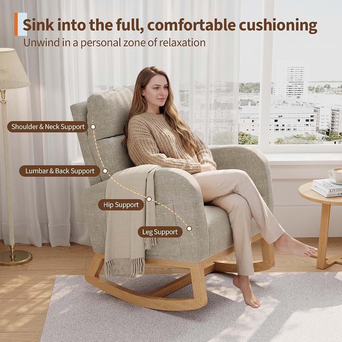 Takywep Modern Linen Glider Rocking Chair with Side Pockets & Pillow