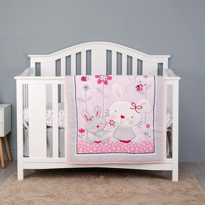 CribMATE 3 Pieces Pink Floral Embroidery Rabbit Nursery Crib Bedding Set