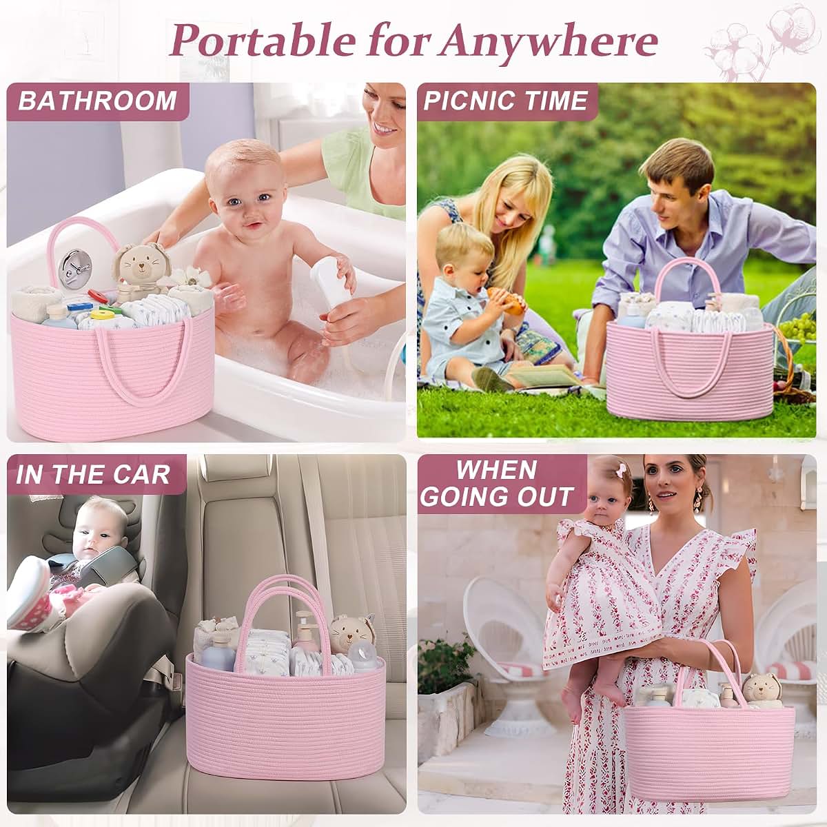 Cotton Rope Diaper Caddy Organizer Basket for Nursery & Car