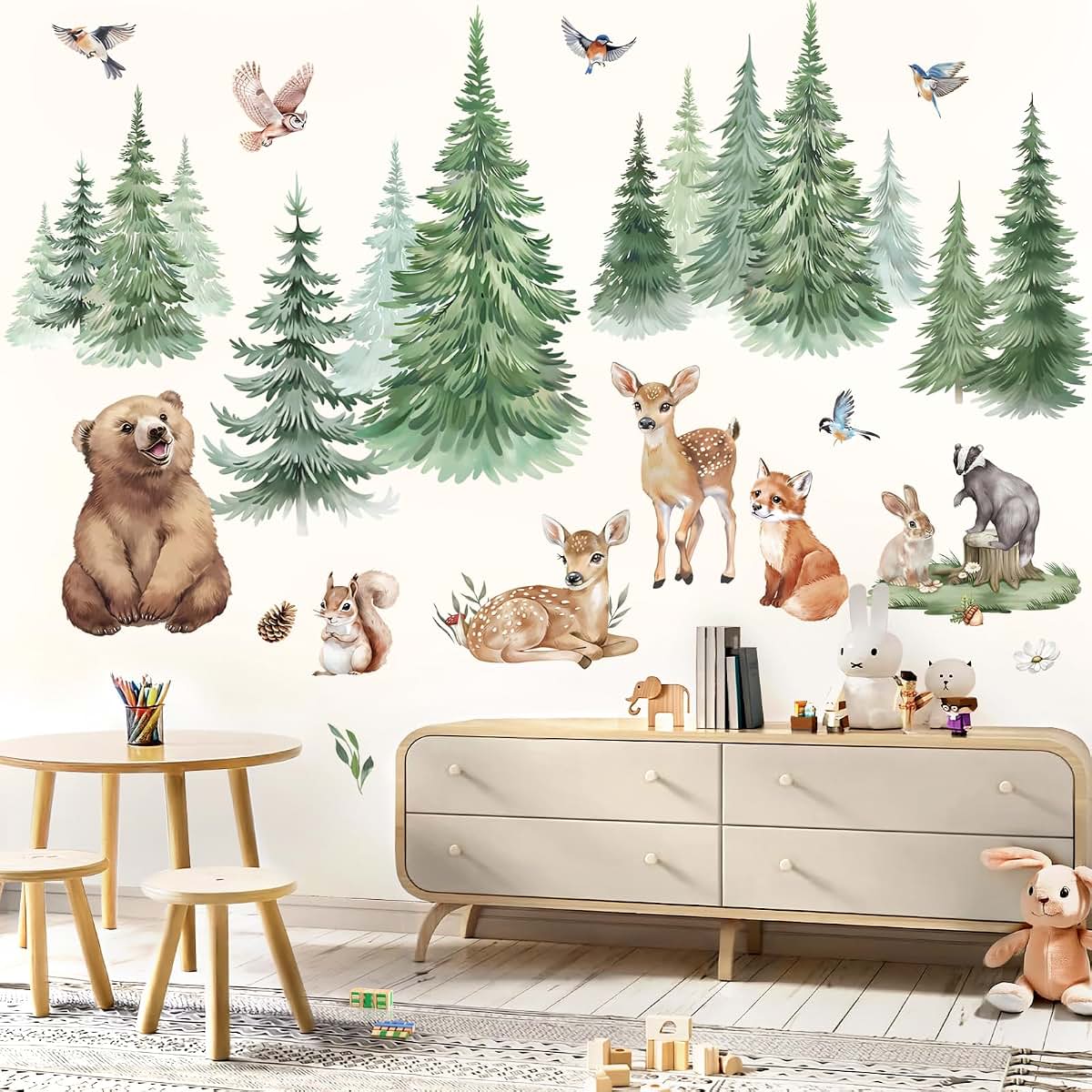 wondever Pine Tree Wall Decals Woodland Animals Bear Wall Stickers (XL)