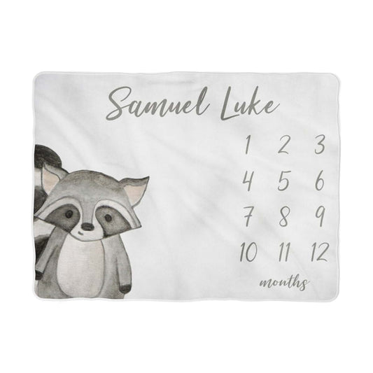 WolfeDesignPDD Woodland Milestone Blanket Monthly Growth Tracker Soft Fleece Racoon Blanket Newborn Gift Blanket Watch
