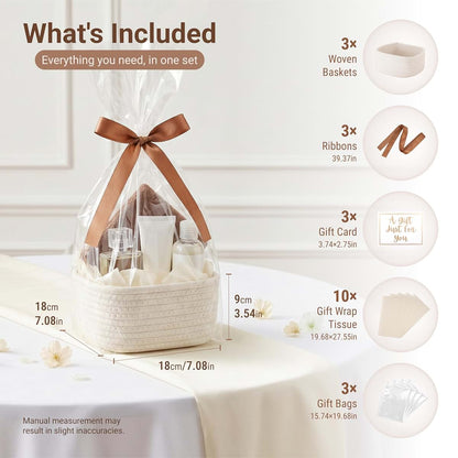 VIRETH HAUS 3 Pack Small Woven Baskets with Gift Bags, Ribbons, Wrap Papers (photo 2)