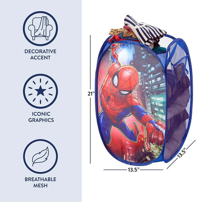Marvel Spider-Man Pop-Up Kids Hamper, Collapsible Laundry Basket with Carry Handles, Blue