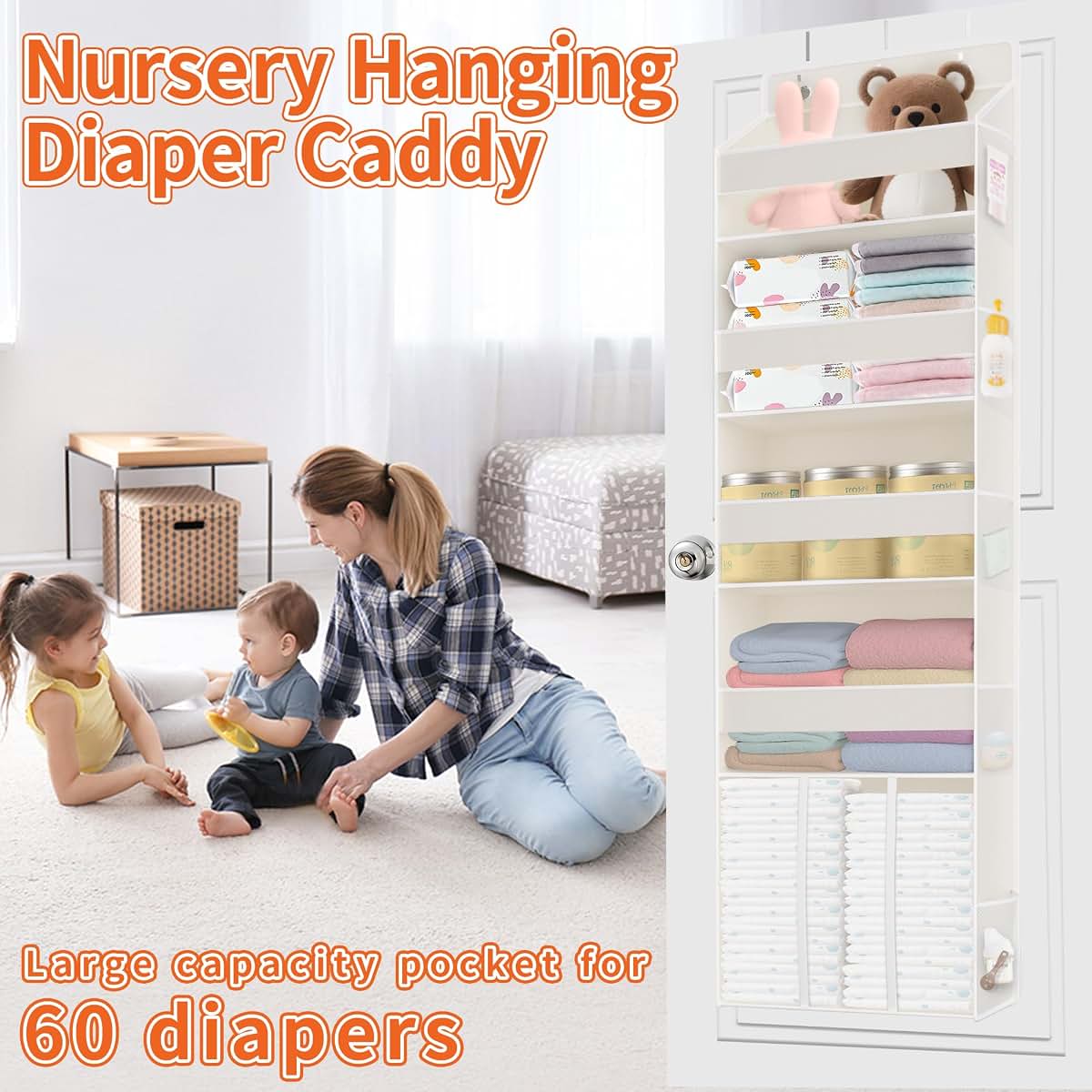 TAHAVICE 5-Tier Over the Door Nursery Organizer with 10 Mesh Pockets, Beige