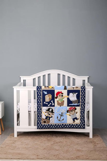 CribMATE 3 PC Navy Blue Bear Pirates Theme Nursery Crib Bedding Set