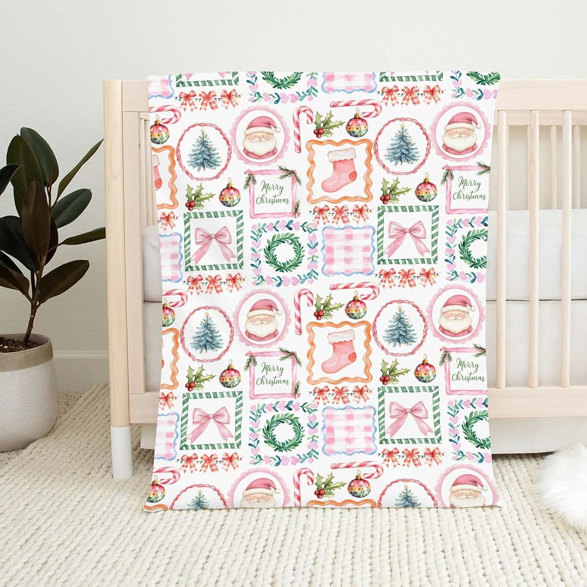 Wicbfdfv Christmas Santa Pine Trees Flannel Baby Blanket for Boys & Girls, 40x50 Inch