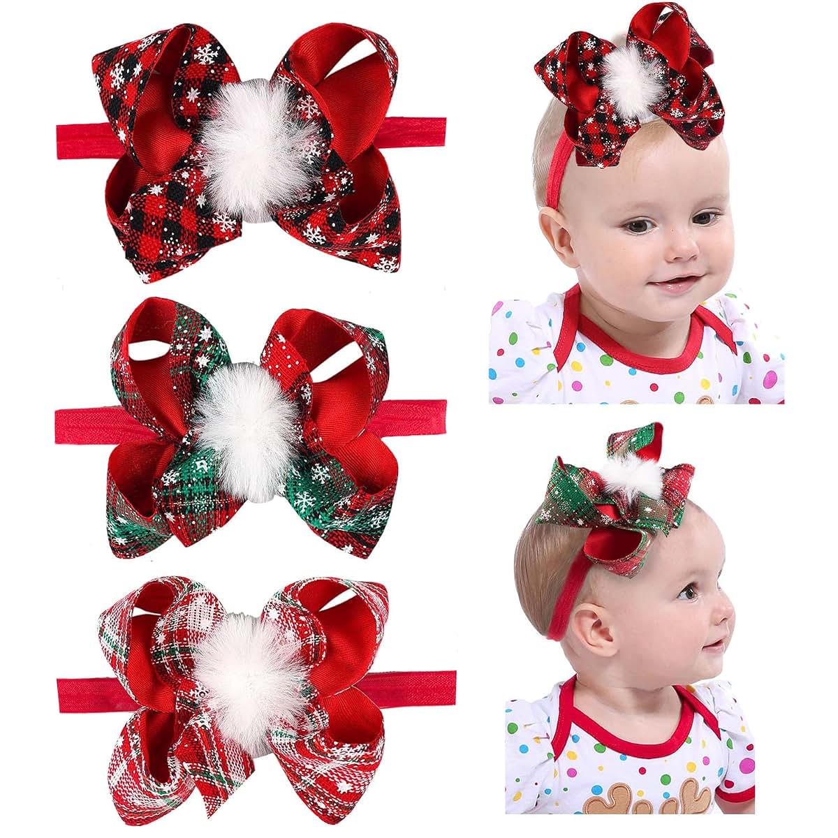 JIAHANG Christmas 6 Inch Hair Bow Headband with Pom Pom for Baby Girls, Pack of 3