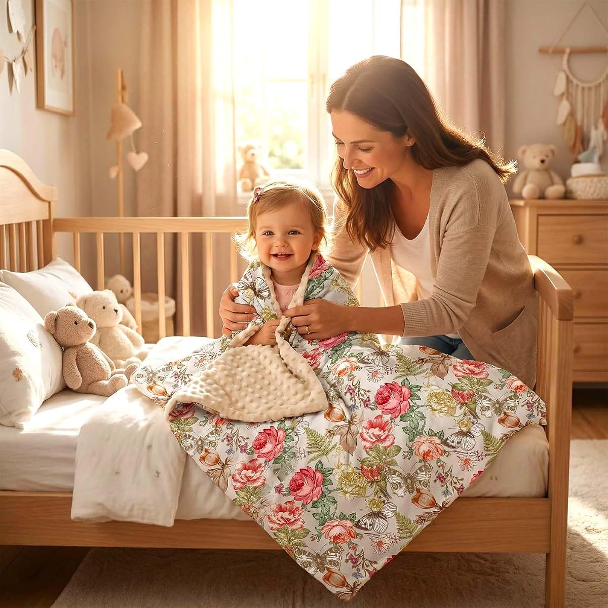 BabyOneStop 30 x 40 Inches Floral Plush Minky Blanket with Double Layer Dotted Backing