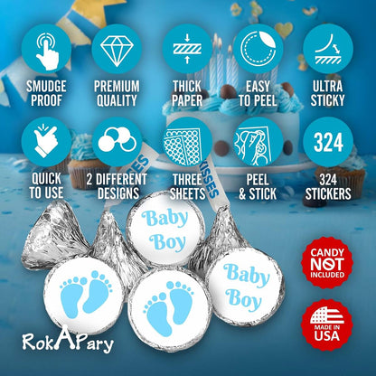 BabyOneStop Baby Boy Blue Footprints Kisses Labels 324 Count Self-Adhesive Stickers