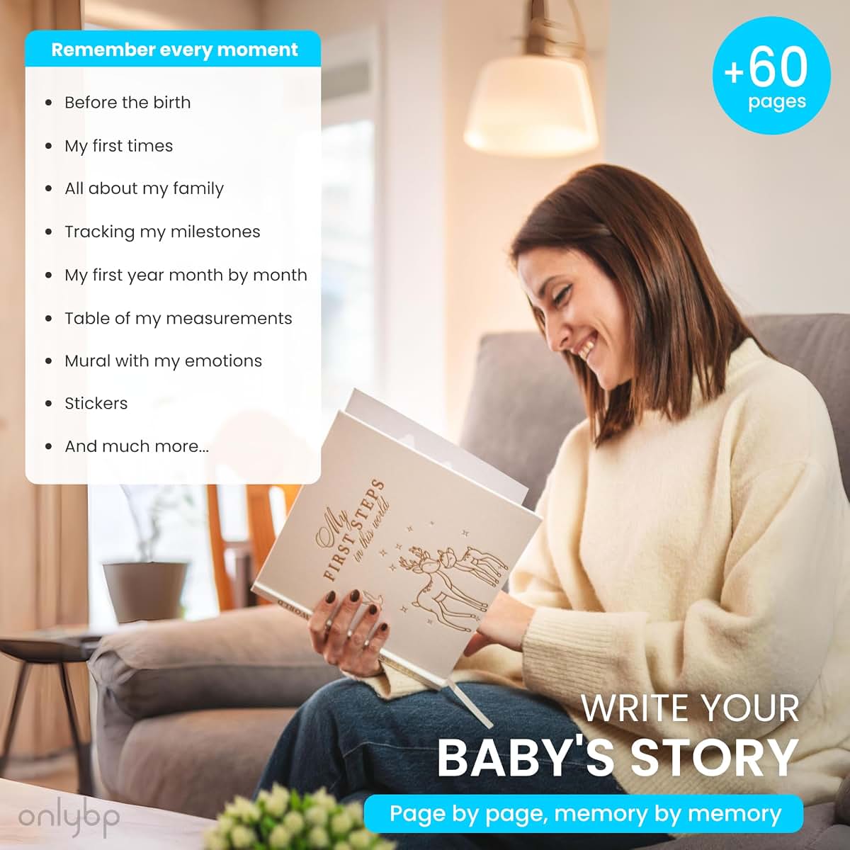 OnlyBP® Baby Memory Book – Keepsake Baby Book from Pregnancy to 5 Years - 60+ Pages for Photos, Milestones & First (photo 3)