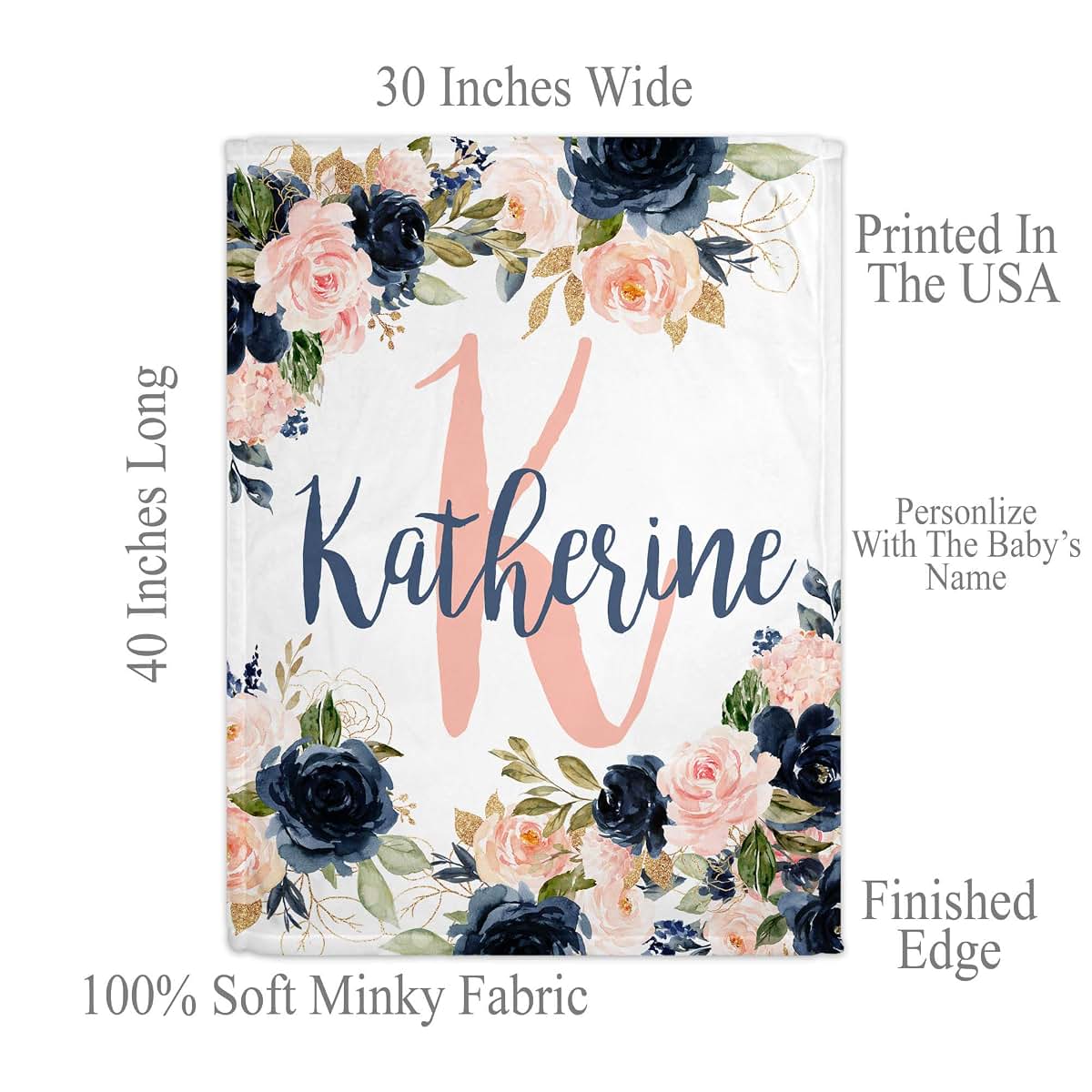 Girls Love A Monogram GLAM Polyester Personalized Baby Blanket - 30' X 40' - Navy and Blush Pink Themed - Custom Baby (photo 2)