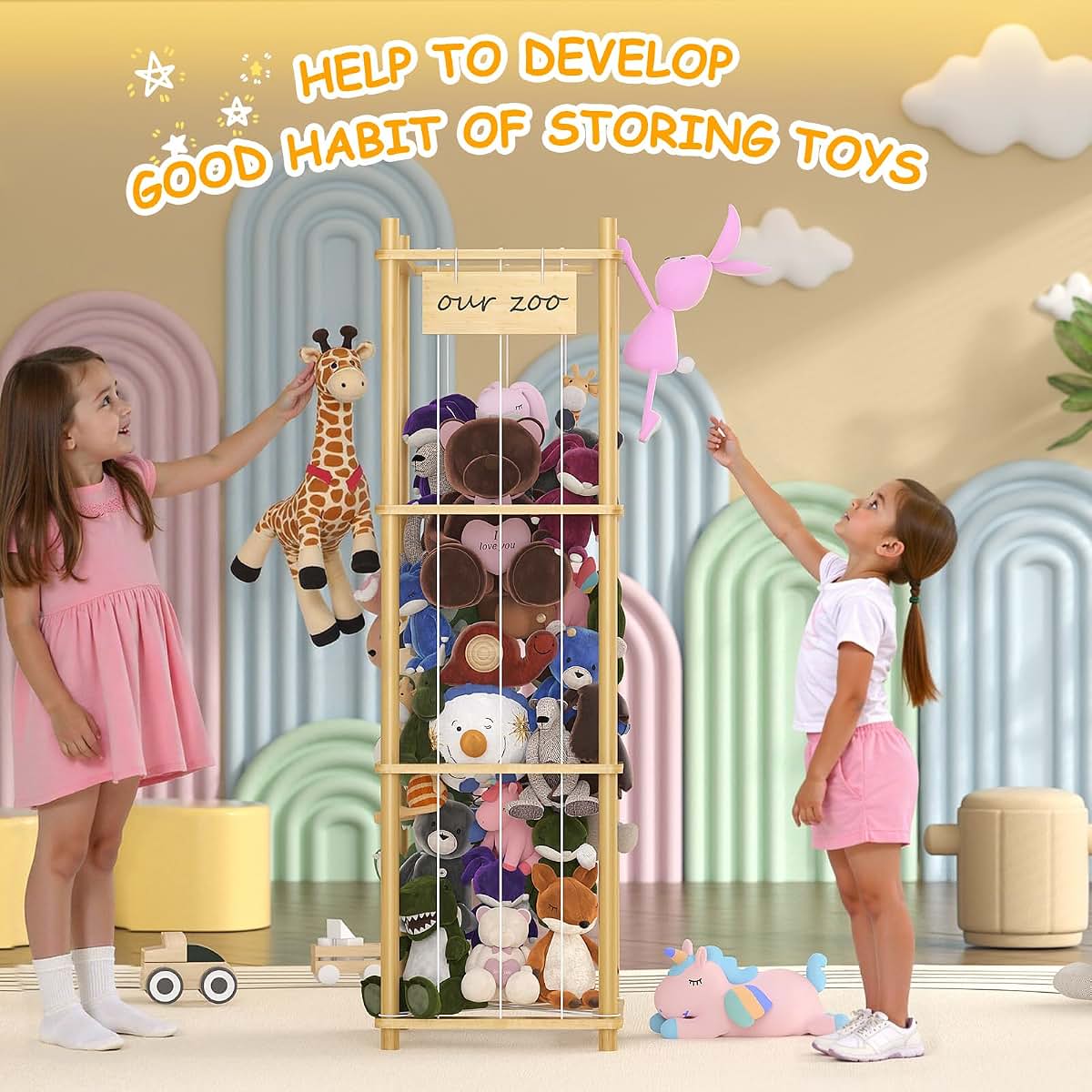 Bamboo Stuffed Animal Storage Zoo - Large Toy Organizer for Playroom