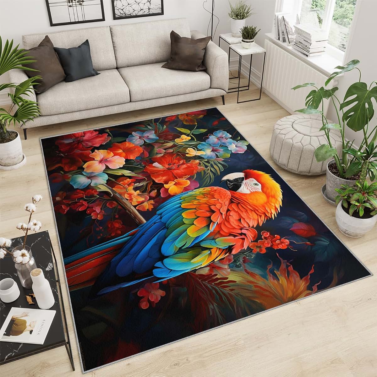 HYGIUID 4x5 Macaw Area Rugs - Parrot Rug for Entryway, Tropical Avian Washable Entry Way Rugs Kids Carpet for Inside