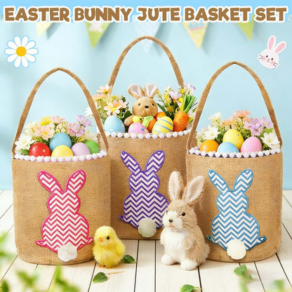 Turnmeon 3 PCS Easter Bunny Basket Set Linen Polyester Kids Tote Bags