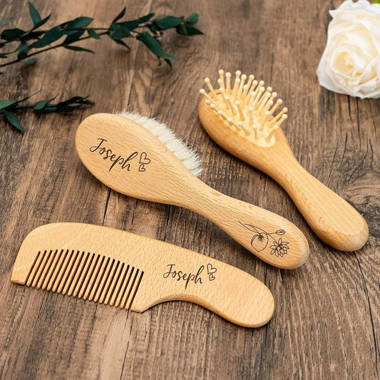 PLOVEGIFT Personalized Baby Brush Set with Beechwood Handles