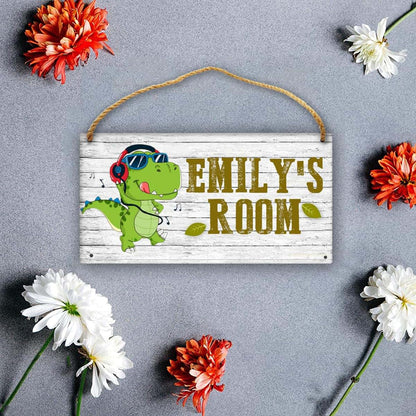 Cusdecor Personalized Cartoon Dinosaur Room Door Sign Custom Name Wood Plaque