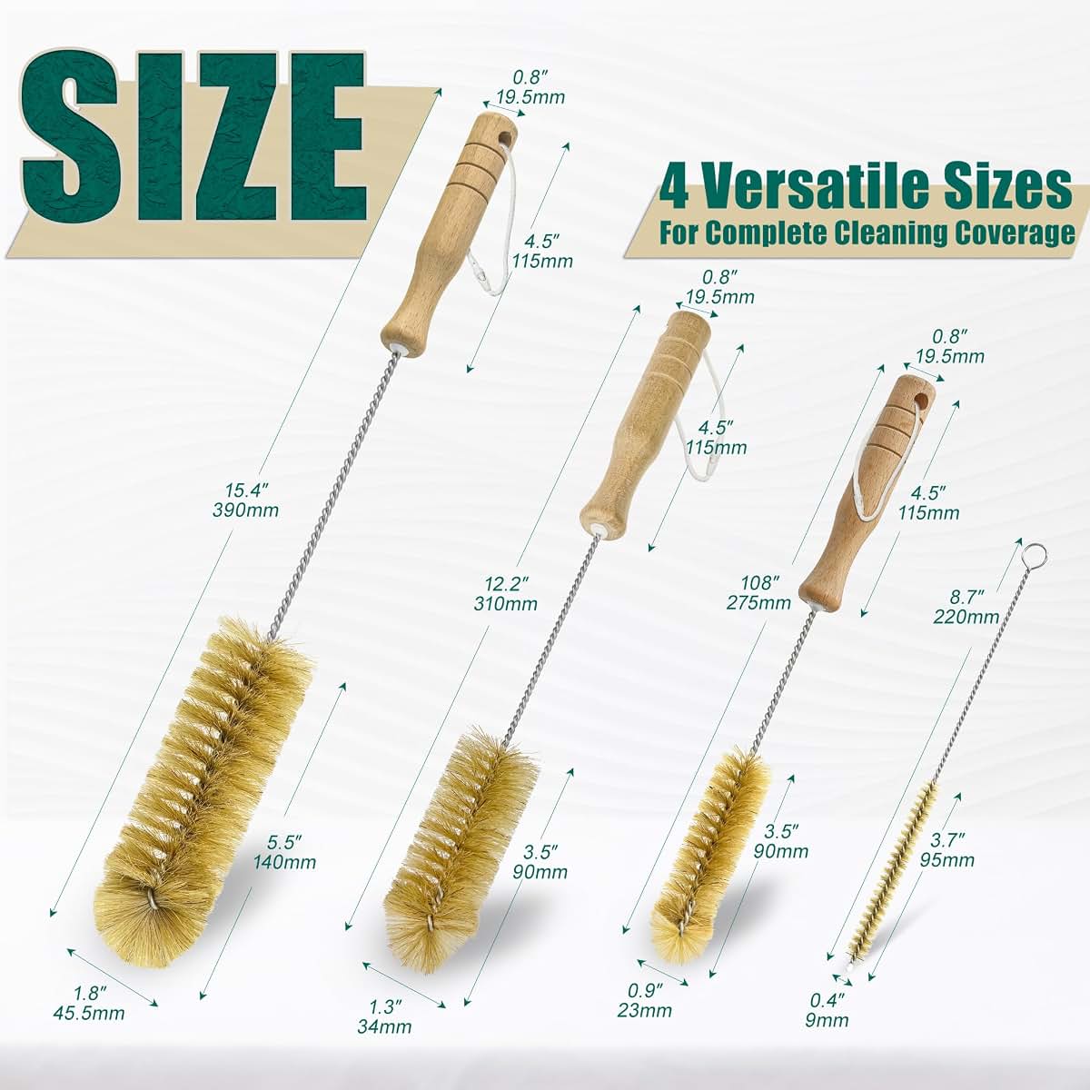 AttoShow Boar Bristle Bottle Brush Set, 4 Pack with Wooden Handles, 304 Stainless