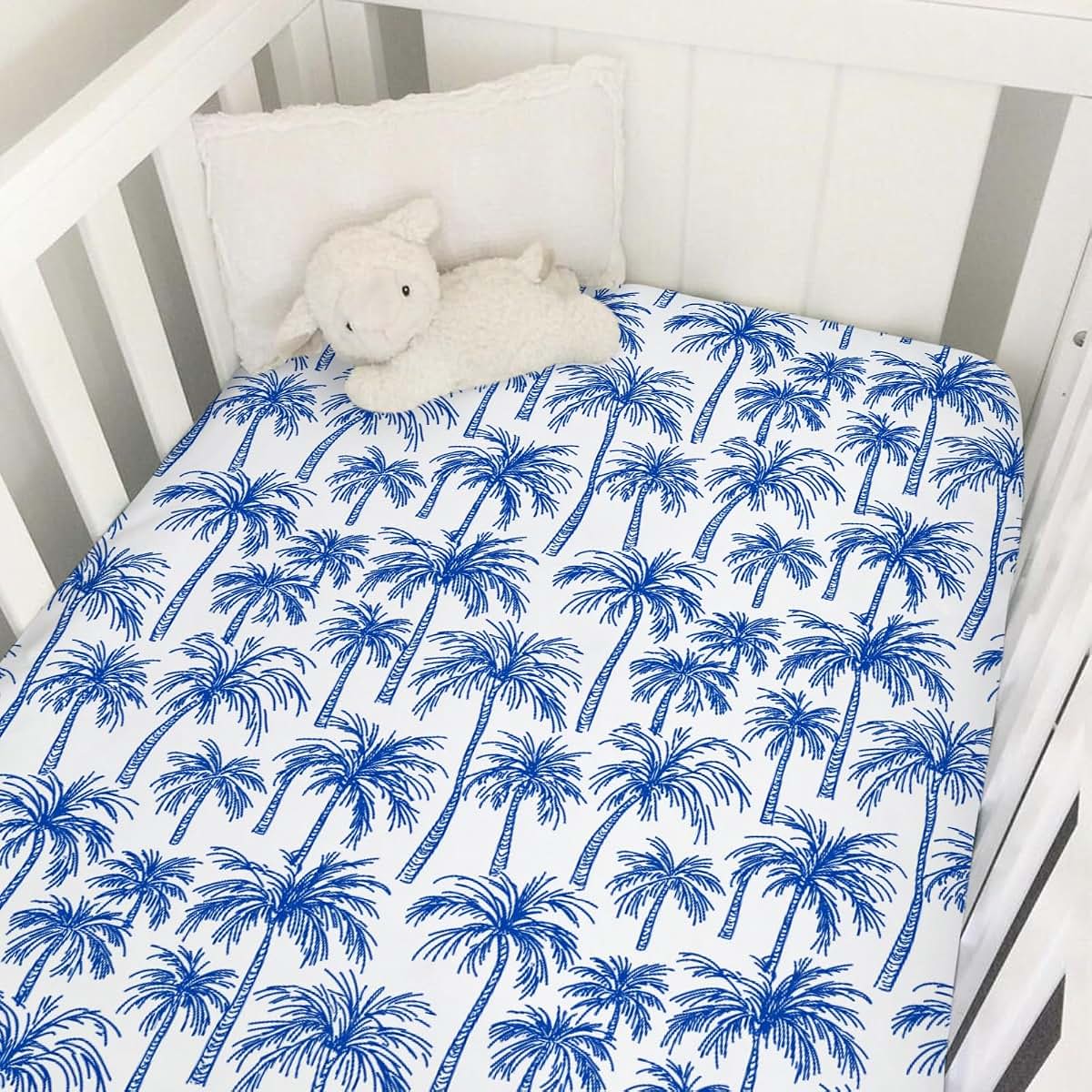 Dpjkevw Tropical Palm Tree Baby Crib Sheets Boys & Girls Blue Palm Trees Soft Fitted Newborn Bedding Nursery Baby