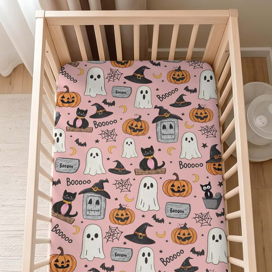 S2tMhb Black Cat Pumpkins Pattern Baby Crib Sheet,Unisex Halloween Theme Standard Fit Crib,Nursery Fitted Crib Bed