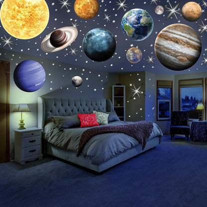 MAFOX Glow in The Dark Planets, Bright Solar System Wall Stickers -Sun Earth Mars and so on,9 Glowing Ceiling Decals