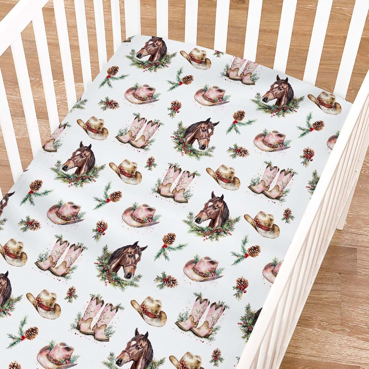 KASTLEE Christmas Cowgirl Western Fitted Baby Crib Sheet, 52x28x9 Inches