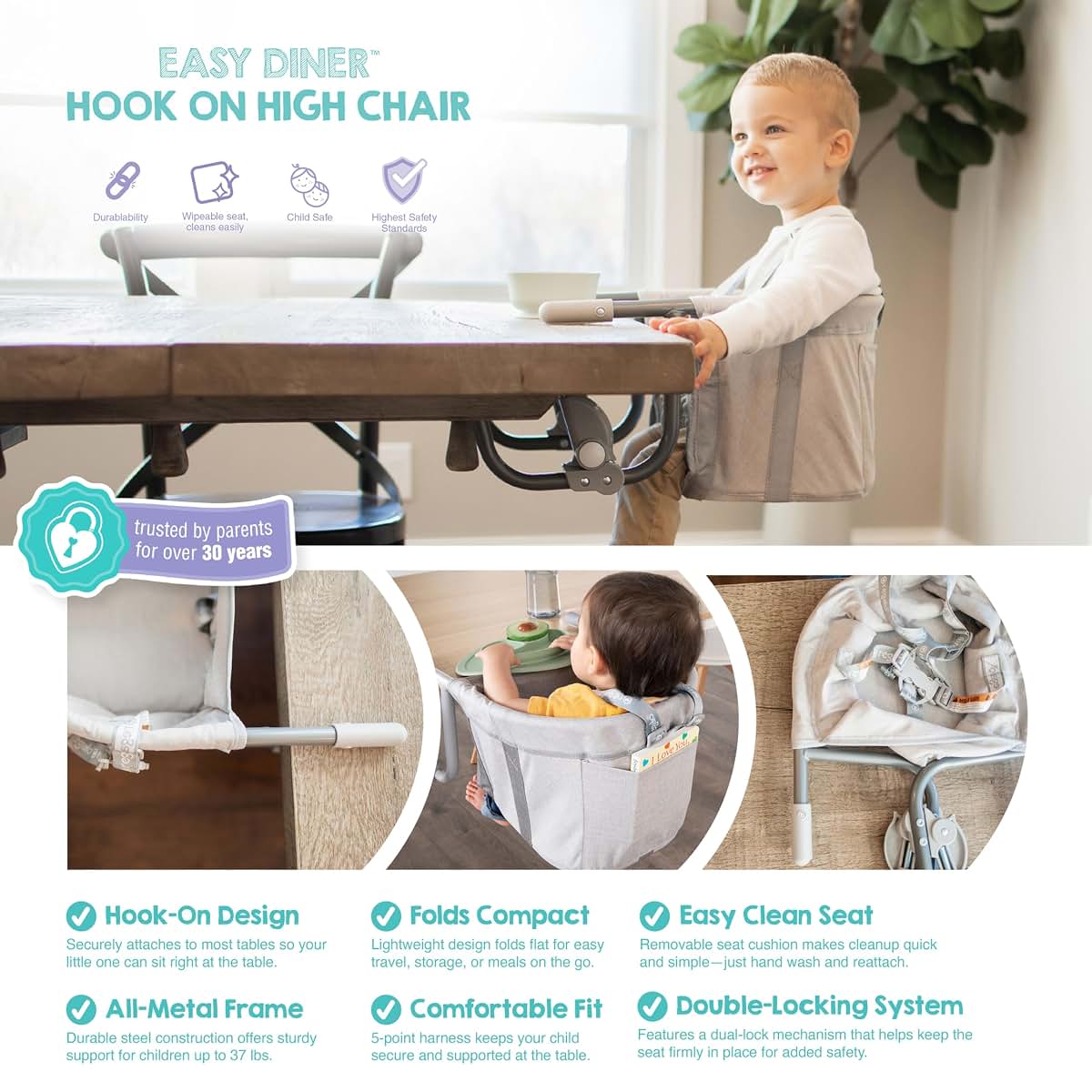 Regalo Easy Dinner Hook-On High Chair, Portable with 5-Point Harness and Storage Pocket