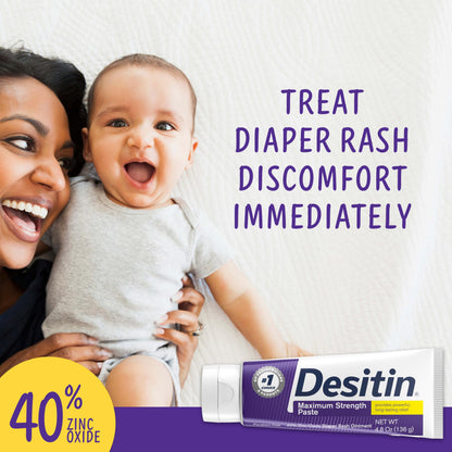 Desitin Maximum Strength Paste, 40% Zinc Oxide Paste, Diaper Rash Healing Ointment for Immediate Relief, Dermatologist Pediatrician Tested, Helps Heal Diaper Rash, Protects Up to 12 Hours, 4.8 Oz Tube