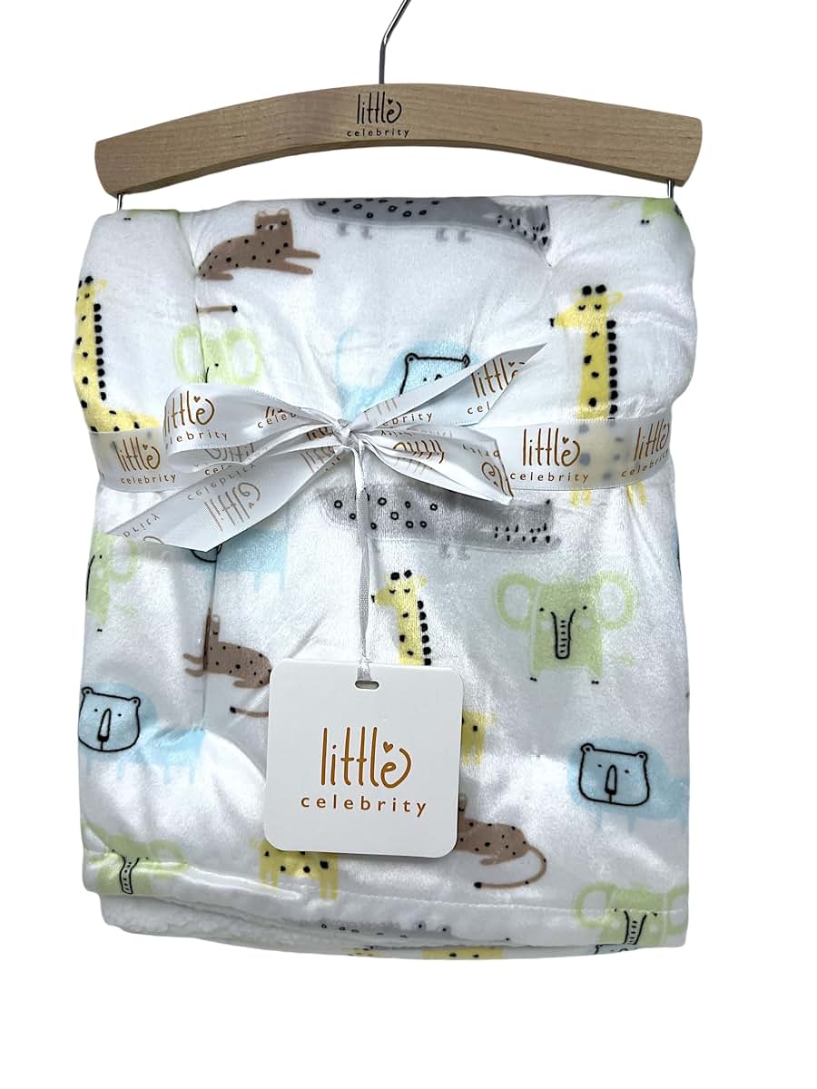Little Celebrity Tropical Safari Baby Blanket, Multicolored Animal Print with Sherpa Backing, 30x40 Inch
