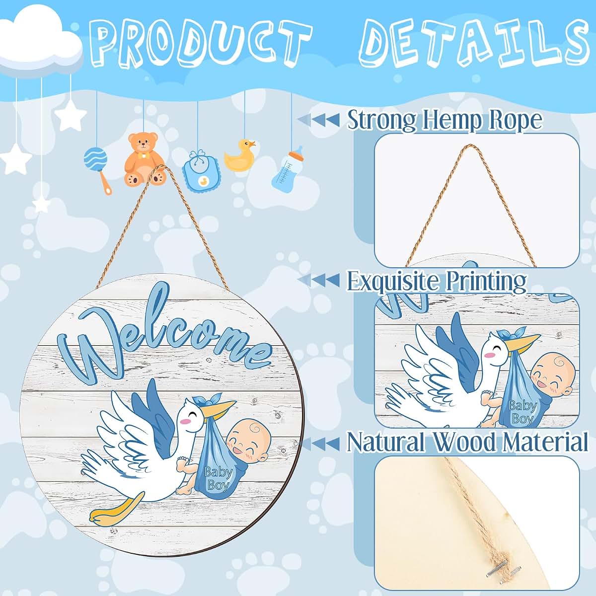Chunful Baby Boy Welcome Round Wood Door Sign with Jute Rope, 12 Inch