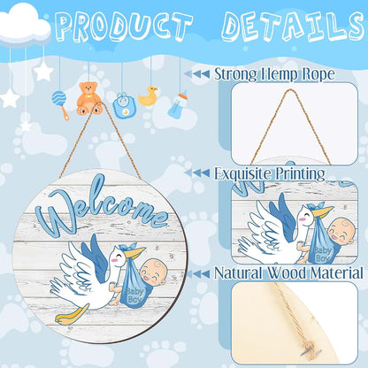 Chunful Baby Boy Welcome Round Wood Door Sign with Jute Rope, 12 Inch