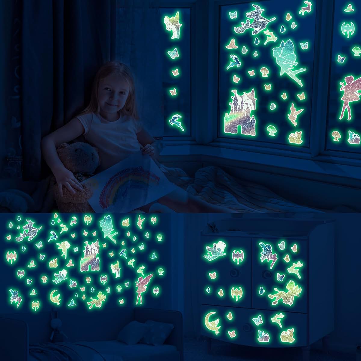 BabyOneStop Glow in the Dark Fairy Wall Decals with Glitter Butterflies and Witch Stickers for Kids Room
