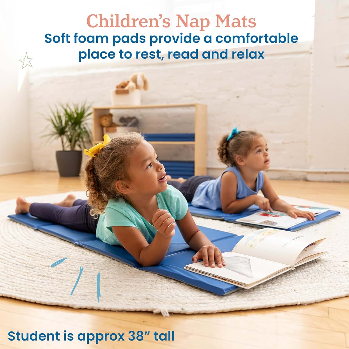 ECR4Kids Everyday Folding Rest Mat, 4-Section, 5/8in, Sleeping Pad, Blue/Grey, 1-Piece
