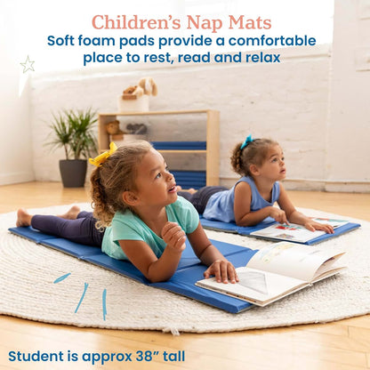 ECR4Kids Everyday Folding Rest Mat, 4-Section, 5/8in, Sleeping Pad, Blue/Grey, 1-Piece