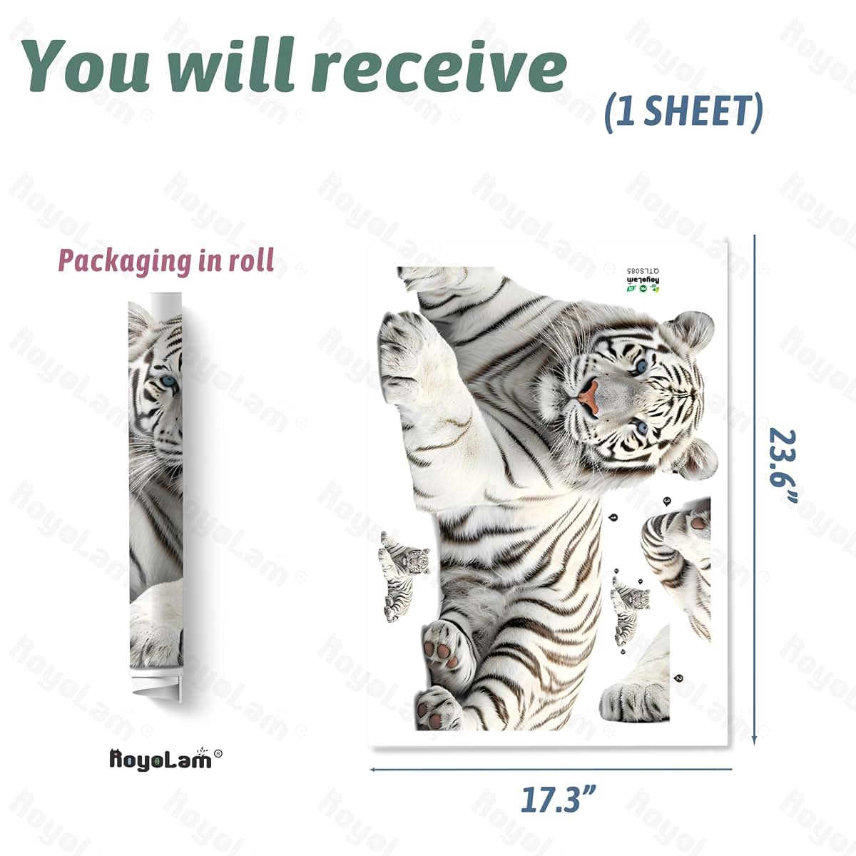 RoyoLam Lying White Tiger Wall Decal Removable Waterproof Vinyl
