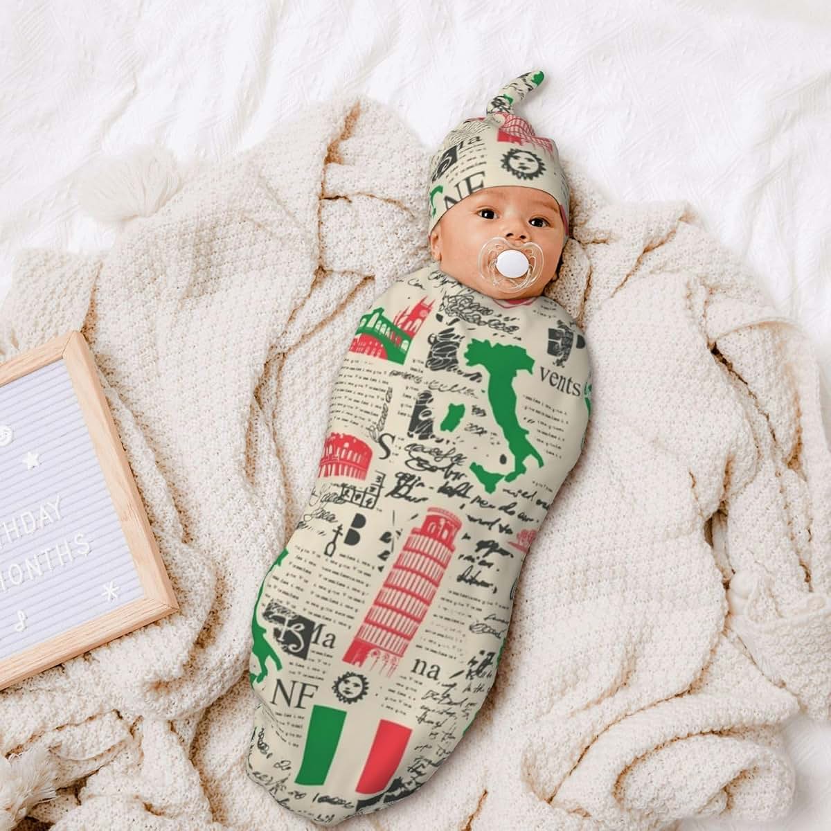 Metflot Cotton Baby Swaddle Blanket and Beanie Hat Set Retro Italian Theme