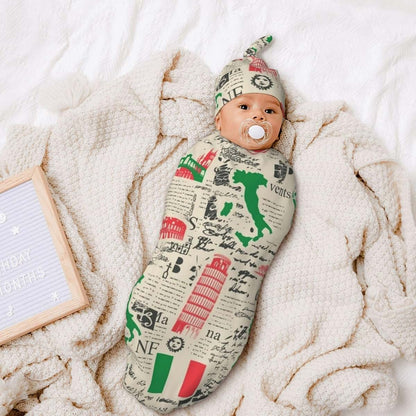 Metflot Cotton Baby Swaddle Blanket and Beanie Hat Set Retro Italian Theme