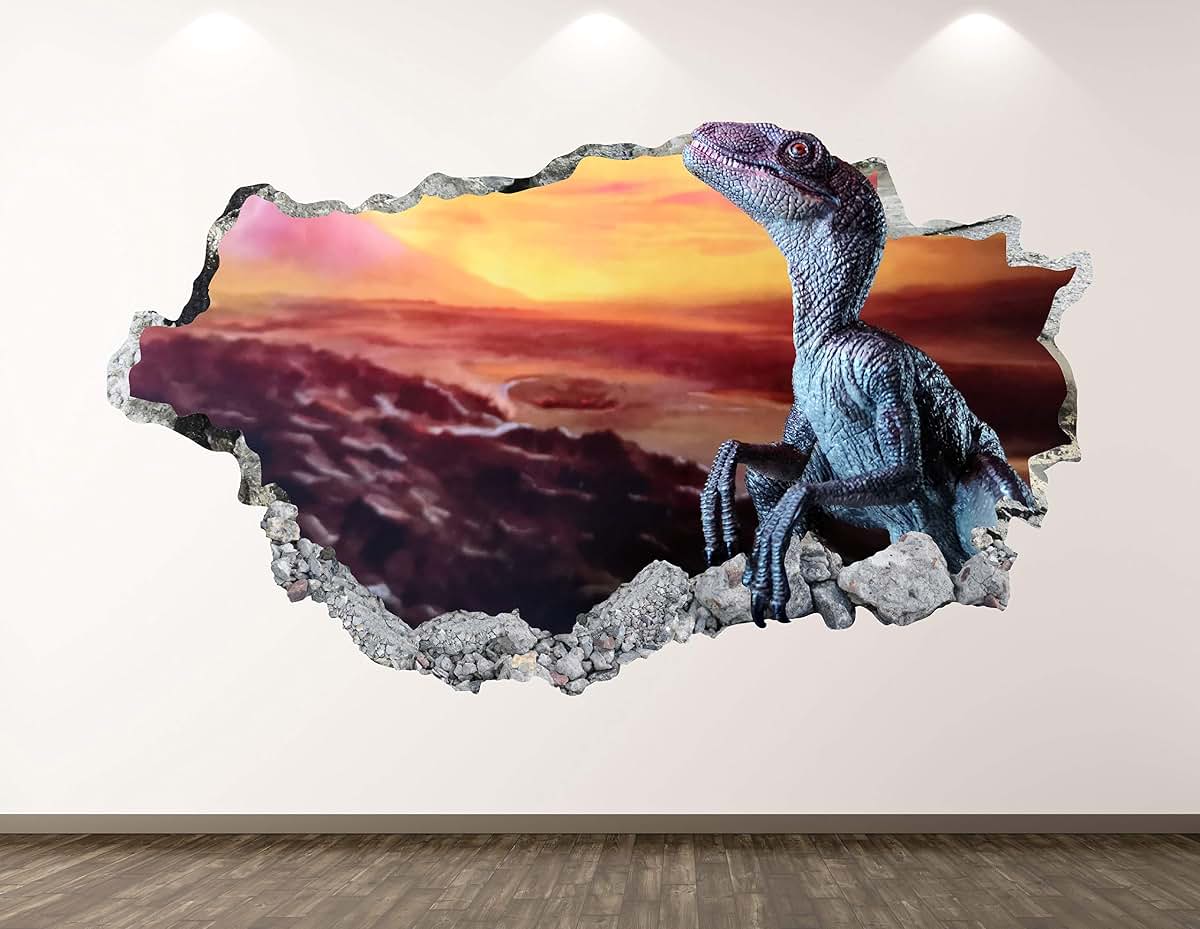 Dinosaur Wall Decal 3D Smashed Reptile Sticker Mural (50"W x 30"H)